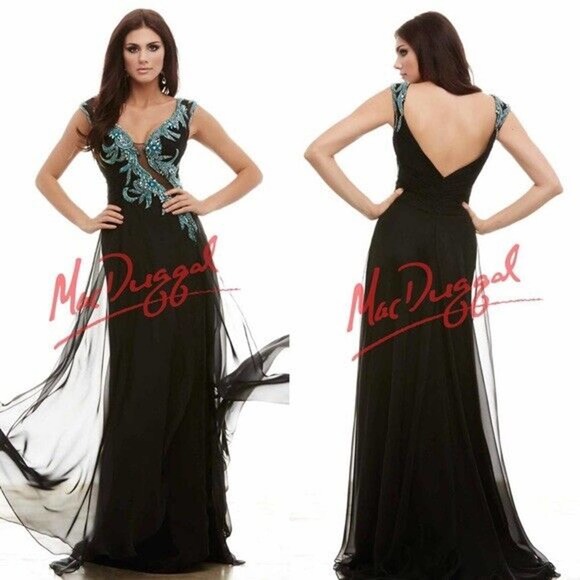 MAC DUGGAL BLACK Sheer Beaded EMBELLISHED Cap Sleeve Side Slit GOWN Sz 4 New - Picture 3 of 8